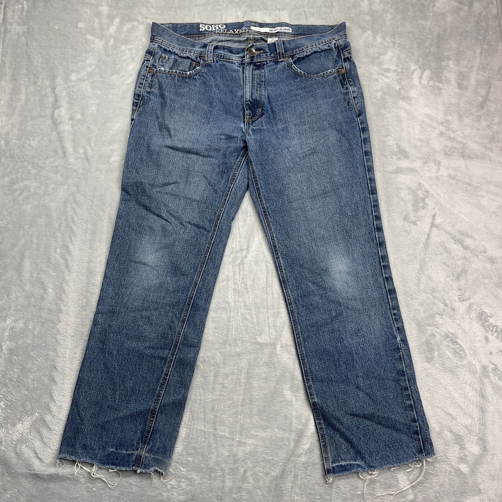 DKNY Soho Jeans Mens 36/32 Blue Denim Relaxed Fit Raw Hem‎ Grunge Straight Leg